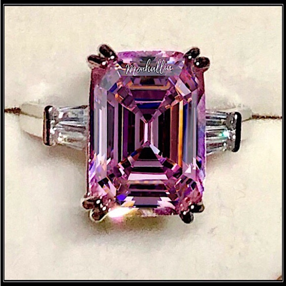 NEW SQUARE CUT 9ct BAGUETTE EMERALD SIMULATED PINK AMETHYST RING